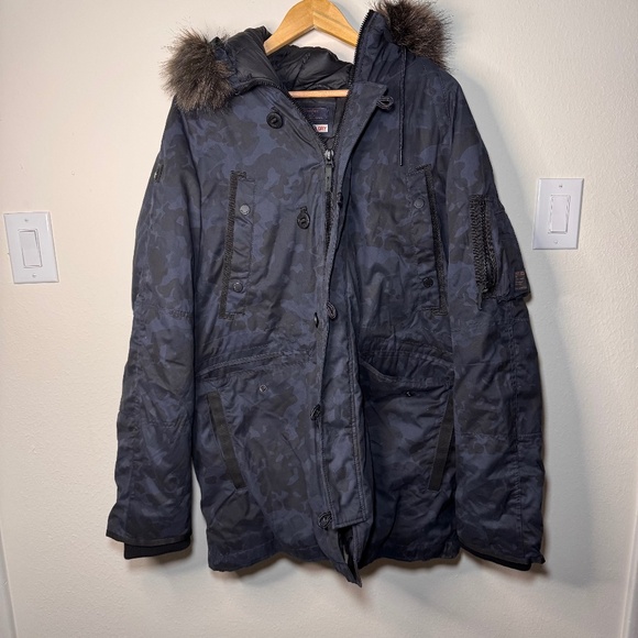 SuperDry SDX Parka Jacket Men's 2XL Blue Camo Faux Fur Trim Hood NWT - Picture 1 of 10